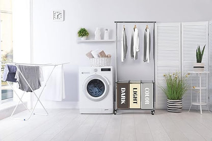 Simple Houseware 3-Bag Laundry Sorter with Extensible Clothes Hanging Rod, 3-Logoed Multi Color Bags