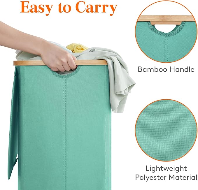 Lifewit 80L Laundry Basket with Lid, Clothes Hampers for Laundry with Bamboo Handles and 1 Removable Bag, Large Foldable Laundry Hamper for Bedroom, Bathroom, Dorm, Laundry Room, Sage Green