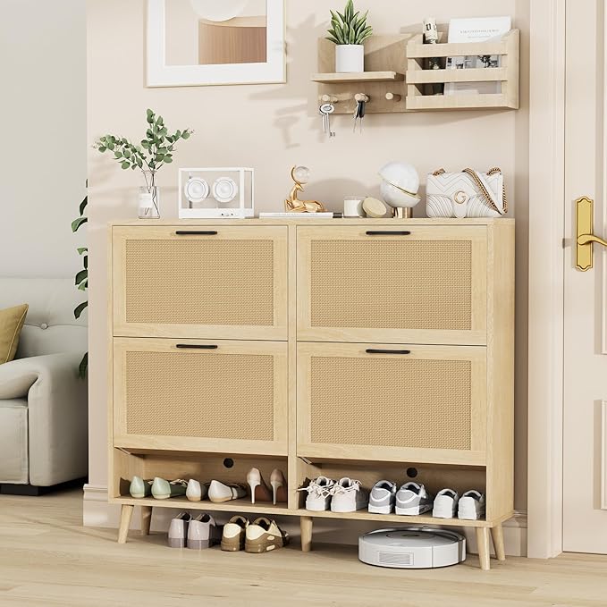Gadroad Shoe Storage Cabinet with 4 Flip Drawers, Freestanding Shoe Organizer with Wood Legs, Farmhouse Rattan Shoe Rack for Entryway, Living Room, and Bedroom, Natural