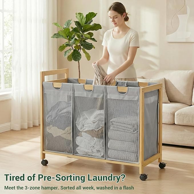 Homykic 250L Laundry Sorter Cart with Wheels, 3-Section Rolling Laundry Basket with Removable Bags, 66 Gal Large Laundry Hamper Organizer, Heavy Duty Bamboo Frame, Water-Resistant, Grey