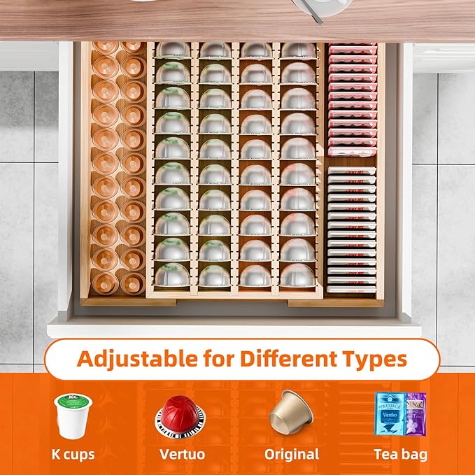 Simple Trending Bamboo Coffee Pod Holder Drawer, Expandable K Cup Pod Storage Compatible with Nespresso Vertuo Capsules, K Cup Drawer Organizer for Coffee Station, Home Office, Kitchen, Natural