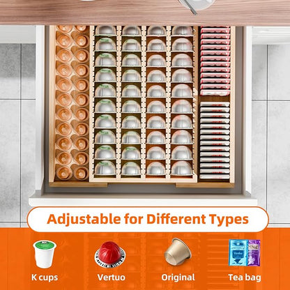 Simple Trending Bamboo Coffee Pod Holder Drawer, Expandable K Cup Pod Storage Compatible with Nespresso Vertuo Capsules, K Cup Drawer Organizer for Coffee Station, Home Office, Kitchen, Natural