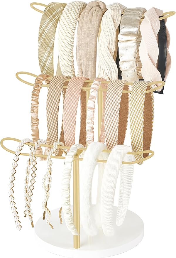 Dahey Headband Holder Organizer Metal 3-Tier Hair Hoop Display Stand Headband Organizer Storage Hair Ropes Accessories Bracelets Bangles Bedroom College Dorm Decor for Girls Women, Gold