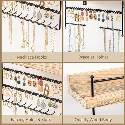 Lolalet Hanging Jewelry Organizer Wall Mount with Earrings, Bracelets, Necklaces Hooks - Easy Install Free Combination Jewelry Holder for Wall Bathroom - Set of 2, Black