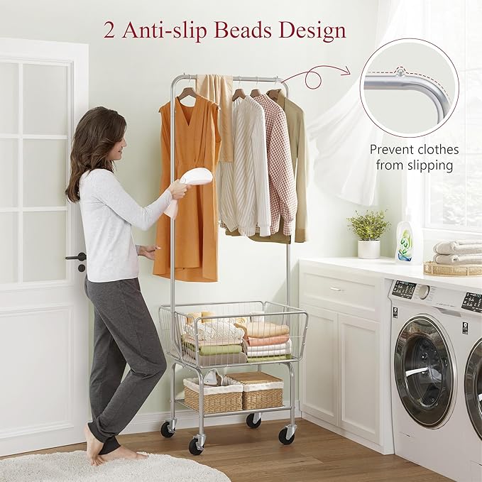 Tajsoon Laundry Cart with Hanging Rack, Metal Rolling Laundry Cart with Wheels and Storage Basket, Silver
