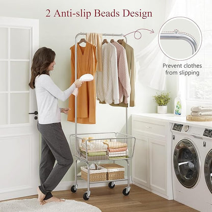Tajsoon Laundry Cart with Hanging Rack, Metal Rolling Laundry Cart with Wheels and Storage Basket, Silver