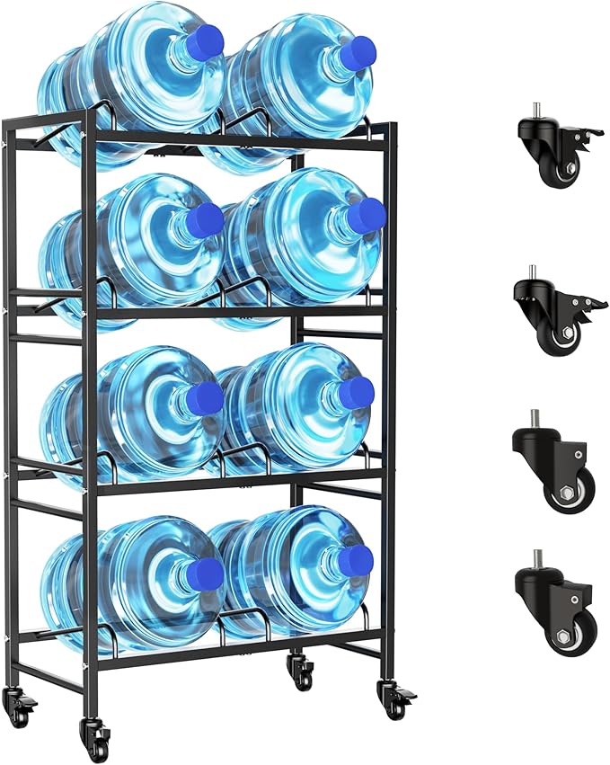 Heavy Duty 4 Tiers Water Jug Rack Double Row with Wheels - Space Saving Dispenser Stand 5 Gallon Water Storage Rack Bottle Jug Holder Organizer/Lockable&Removable Casters/Kitchen Office Garage/8 Slots