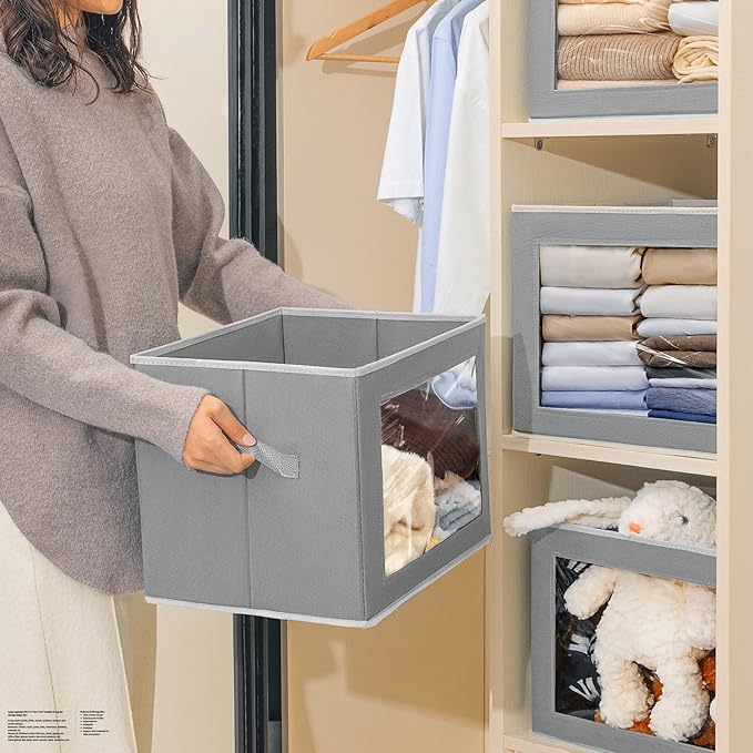 Homsorout Large Storage Bins with Lids - Fabric Storage Cubes with Window, Collapsible Bins for Clothes, 15.7 Inch Large Baskets for Bedroom, Dorm, Office, Grey, 6 Pack
