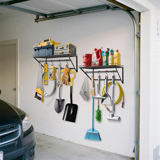 RedCall 2 Pack Garage Wall Shelf with 10 Hooks,23.5" x 13"Wall Mounted Storage Shelves with 2 Hanging Bars Rack for Garage, Closet, Laundry Room,Heavy Duty Metal Shelves