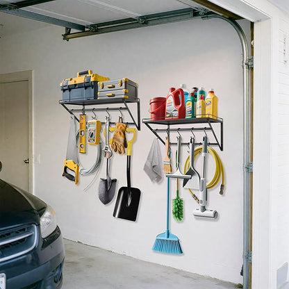 RedCall 2 Pack Garage Wall Shelf with 10 Hooks,23.5" x 13"Wall Mounted Storage Shelves with 2 Hanging Bars Rack for Garage, Closet, Laundry Room,Heavy Duty Metal Shelves