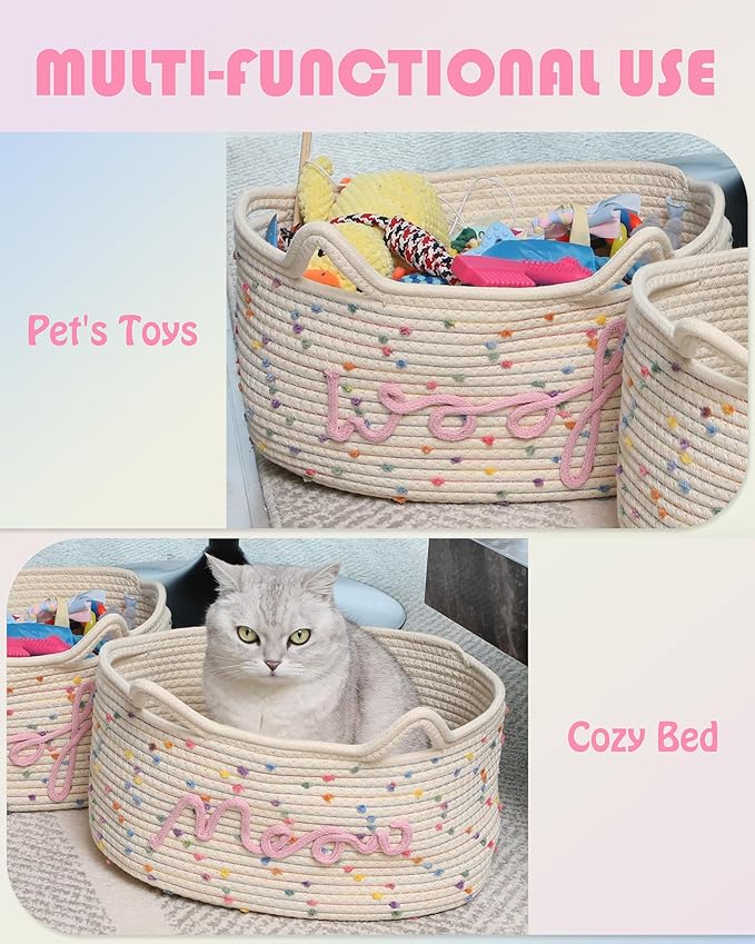 Sea Team Dog Toy Basket with Handles, 16.5 x 11 x 7 Inches, 4.4 Gallons Large Cotton Rope Storage Bin, Box, Shelf Organizer for Pet Chew Toys, Foods, Rainbow Woof