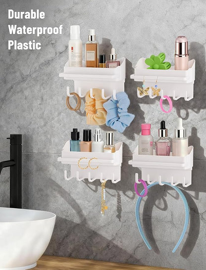 NiHome 4-Pack Multi-Functional Wall Storage Rack with Hooks, No Drill Adhesive Wall Mounted Organizer for Necklace, Jewelry, Headbands, Glasses, Vanity Accessory Shelf & Bathroom Storage Organizer
