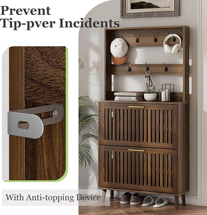 Tall Shoe Cabinet with Coat Rack, Shoe Storage Cabinet with Louvered 2 Doors, Tall Freestanding Entryway Shoe Cabinet with Adjustable Shelves, Modern Shoe Organizer Cabinet, Shoe Rack Cabinet (Walnut)