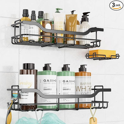 OMAIRA 3-Pack Shower Caddy with Soap Holder, Adhesive Rustproof No-drill Strudy Loading Inside Shower Organizer Shelves Rack Storage Bathroom Organization for Smooth Wall Glass Tile (Large)
