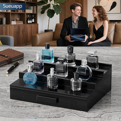 Walnut Wood Cologne Organizer for Men,3 Tier Cologne Stand,Cologne Shelf Display Holder,Perfume Stand Organizer with Hidden Compartment and Drawer,Great Gift for Men,Black
