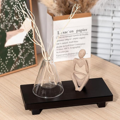 Bathroom Counter Organizer Wood Pedestal Stand Farmhouse Decorative Tray Soap Holder for Kitchen Decor, Large 10" x 4.5" - Black