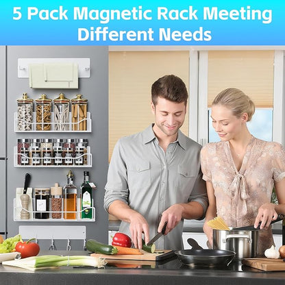 Magnetic Spice Rack for Refrigerator, 5 Pack Magnetic Fridge Organizer Shelves, Strong Magnetic Hold, No Drilling, Space Saving Storage Rack for Kitchen & Washing Machine Organizer (White)