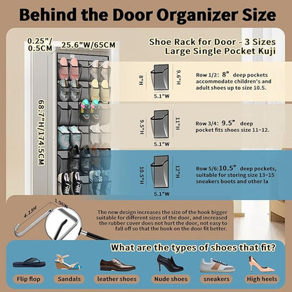 PAULONE Over the Door Organizer with 30 Large Pockets, 3 Sizes of Closet Hangers, Holds up to 69 lbs, Hanging Organizer with Clear Window for Children's Toys, Shoes, Diapers (Gray)