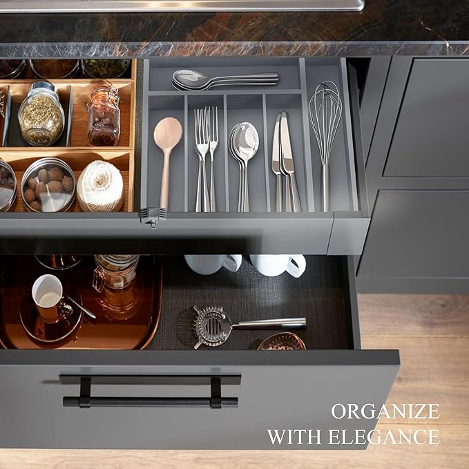 Bamboo Silverware Organizer, Kitchen Drawer Organizer, Utensil Holder, Cutlery Tray & Spoon Flatware Storage with Grooved Drawer Dividers (Grey, 12.5''W x 16.5''D)