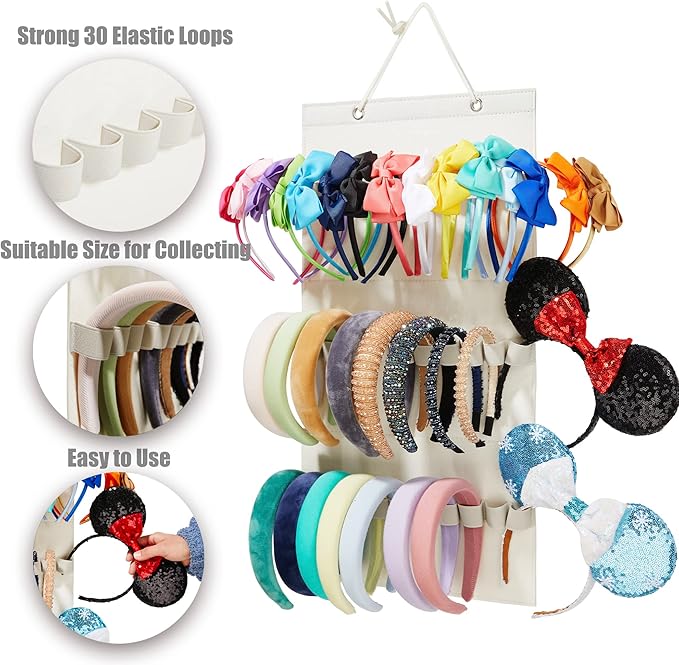 Hanging Headband Organizer with 30 Elastic Loops for Women Girls Headbands Display, Wall Headband Holder Organizer for Home (Beige)