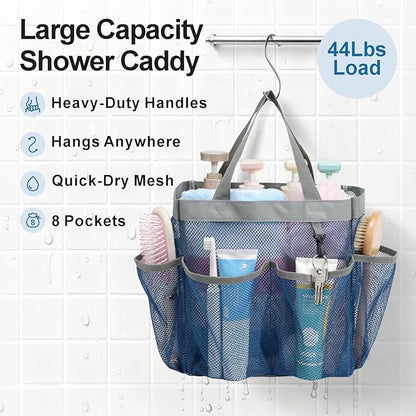 F-color Mesh Shower Caddy Portable - Navy Blue, Upgrade Deeper 7 Pockets Shower Bag Basket Tote for College Dorm Room Toiletry Bathroom Essentials Gym Camp Quick Dry 2 handles with S Hook