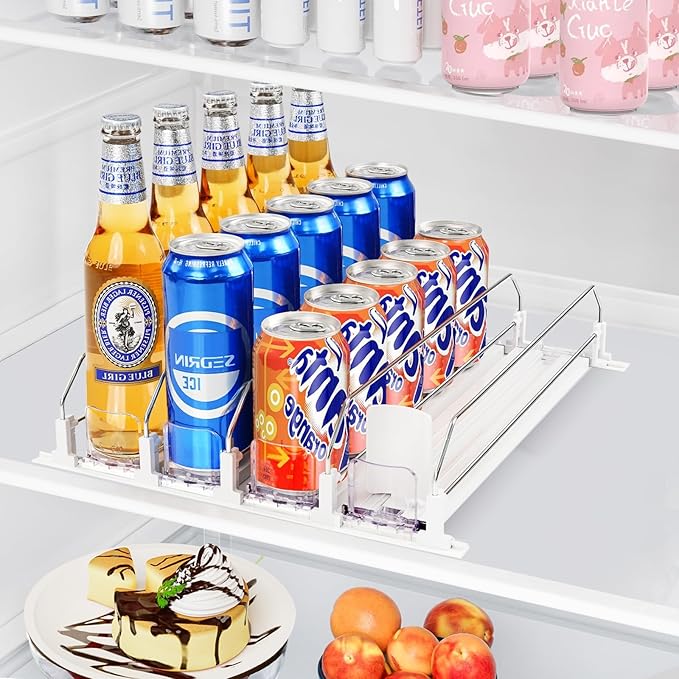 Drink Organizer for Fridge, Automatic Pusher Drink Dispenser for Refrigerator, Adjustable Width Soda Can Organizer for Beer Beverage Bottle Holds up to 20 Cans 4Row (Depth15.3 x Wide13.4)