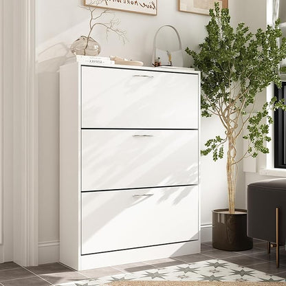 AGOTENI Shoe Cabinet with 3 Flip Drawers, Shoe Storage Organizer with 2-Tier Shelf, Freestanding Shoe Rack for Entryway Hallway, Living Room, White
