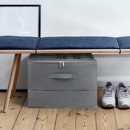 Under Bed Shoe Storage Organizer 16 Compartment, Foldable Shoe Organizer Under Bed with Clear PVC Lid, Shoe Storage Box with Zipper & Handle for Closet Bedroom, Grey, Pack of 2