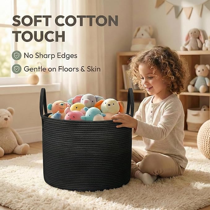 JMvicyroam 65L Extra Large Blanket Basket for Living Room - Woven Cotton Rope Laundry Hamper with Reinforced Handles - Storage Bin for Pillows, Comforters & Toys - Machine Washable,Black