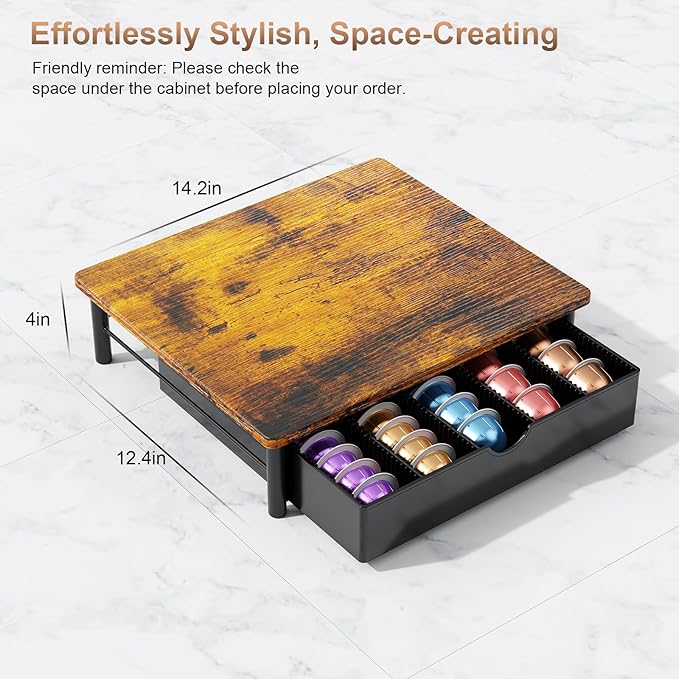 gianotter Wood Vertuo Pod Holder Drawer, Compatible with Nespresso Vertuo Capsules, Compatible with 40 Large or 60 Small Nespresso Capsule Organizer