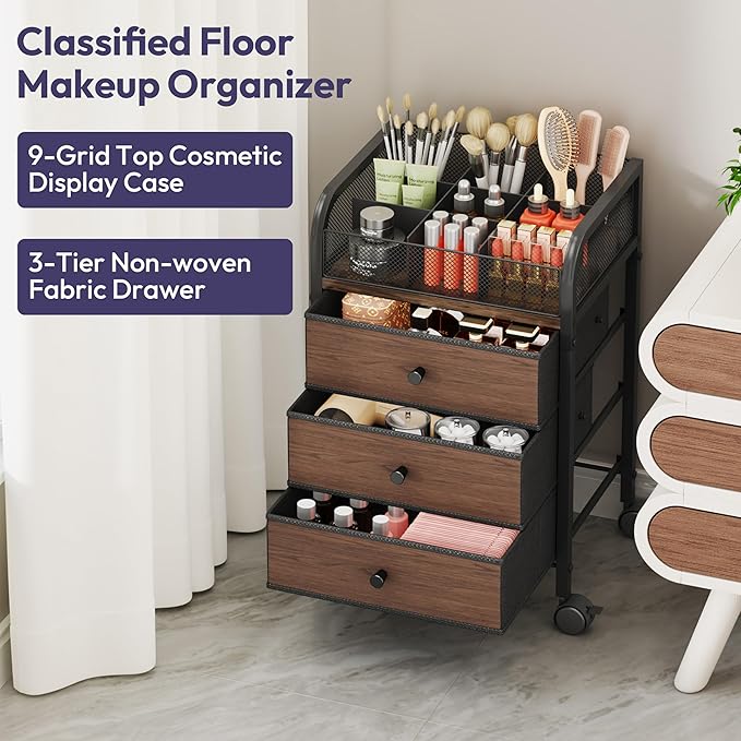 SWTYMIKI Rolling Makeup Organizer Cart - 14.96″*11.81″*23.03″ Widened Under Desk Vanity Storage with 3 Non-woven Drawers, Cosmetic Display Cases for Skin Care Perfume Nail Polish Brush Hair Tool Black