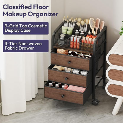 SWTYMIKI Rolling Makeup Organizer Cart - 14.96″*11.81″*23.03″ Widened Under Desk Vanity Storage with 3 Non-woven Drawers, Cosmetic Display Cases for Skin Care Perfume Nail Polish Brush Hair Tool Black