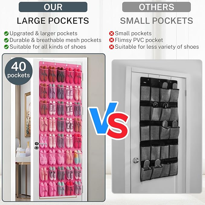 40-Pocket Over the Door Shoe Organizer - Large Mesh Pocket Hanging Shoe Organizer,Behind the Door Shoes Storage Holder Hanger