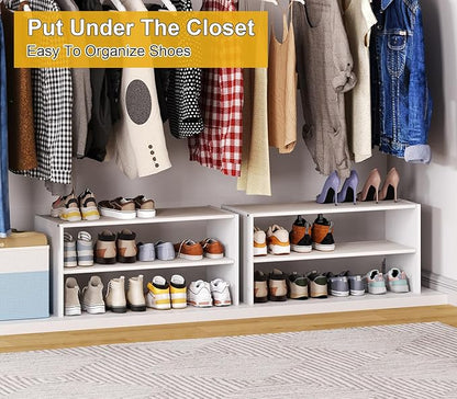 Cidaziya 2 Pack 2 Tier Small White Shoe Rack for Closet, Stackable Shoe Shelf Organizer for 9-12 Pairs of Shoes, Portable Wood and Cloth Structure, Small Shoe Storage Organizer, Size 28.5"* 11" * 13"