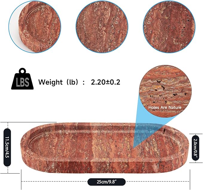 Italy Natural Travertine Stone Tray for Jewelry, Candles, Perfume, Trinket, Marble Oval Vanity Trays for Bathroom, Dresser, Kitchen, Countertop Storage Organizer for Home Decor Red (WH029)