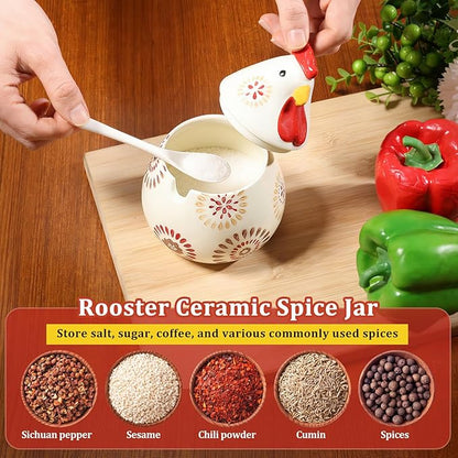 Ceramic Salt Cellar with Lid and Spoon,17oz Large Chicken Rooster Cookie Jar Salt Containers Holder for Countertop Spices,Cute Farmhouse Kitchen Decor,Spice Jar for Coffee,Sugar,Spices,Candies (#C)