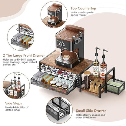 K Cup Holder, 2-Tier Coffee Pod Holder for 48 Pods, K Cup Drawer Organizer with Sliding Storage Drawer, Coffee Bar Station Organizer for Countertop, Space Saving, Home & Office, Brown