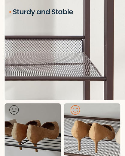 SONGMICS HOME 5-Tier Stackable Shoe Rack, Metal Shoe Organizer for Closet, Entryway, Garage, Flat or Slanted Mesh Shelves, Brown