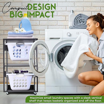 Laundry Basket Holder Shelf (2-Tier) - Stackable Engineered Wood Laundry Tower with Wheels, Tiered Laundry Hamper Organizer for Bathroom, Bedroom