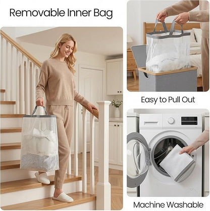 efluky Laundry Basket with Lid and Removable Bag, 100L Tall Laundry Hamper with Bamboo Handles, Aesthetic Dirty Clothes Bin for Laundry Room, Bathroom, Bedroom and Dorm, Silver Grey