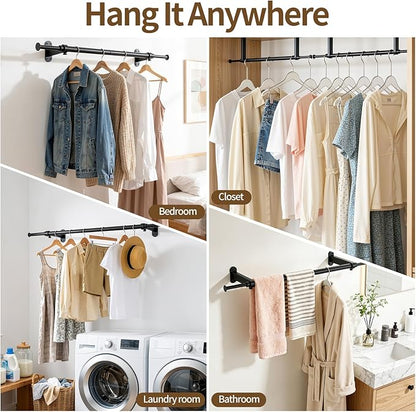 Luxspire Wall Mounted Clothes Rack, Industrial Pipe Clothing Rack, 28" Heavy Duty Extendable Iron Garment Bar, Multi-Purpose Hanging Rods for Clothes Bedroom, Laundry Room, Closet 2 Pack, Black