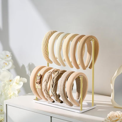 pickpiff Headband Holder Organizer Metal 2-Tier with Tray: Hair Accessories Display Stand Storage, Purse Charms Key Rings Rack Necklace Stand Home Bedroom for Girls Women, Gold