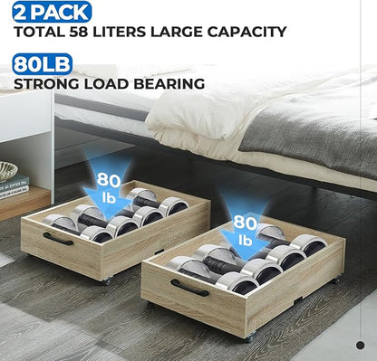 TIOPGHAD Under Bed Storage with Wheels, 2-Pack Under Bed Shoe Storage Organizer Drawer, Composite Wood Organizer for Shoes Clothes Containers in Bedroom for Clothes,Shoes(Oak)