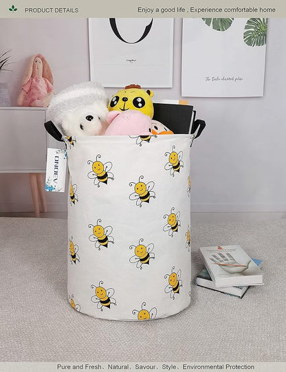 Cute Bee Laundry Basket, Collapsible Laundry Hamper for Girls, Sweet Honey Bee Round Storage Bin, Waterproof Toy Storage for Kids Room, Nursery, Playroom, New Parent Gift (Bee)