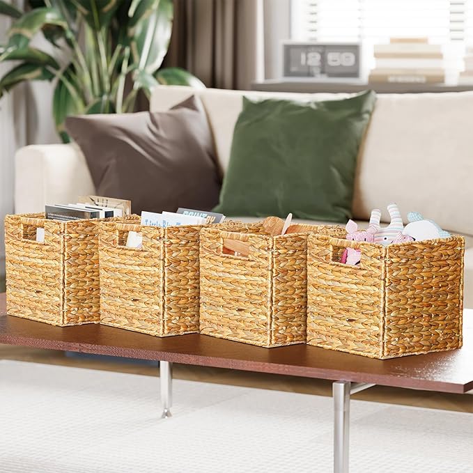 SpaceAid 4 Pack Wicker Basket, Storage Baskets for Organizing, Woven Rattan Basket with Handles for Shelves, Water Hyacinth Large Cube Organizer Storage Bin, 10.5x10.5x10.5 inch, Natural