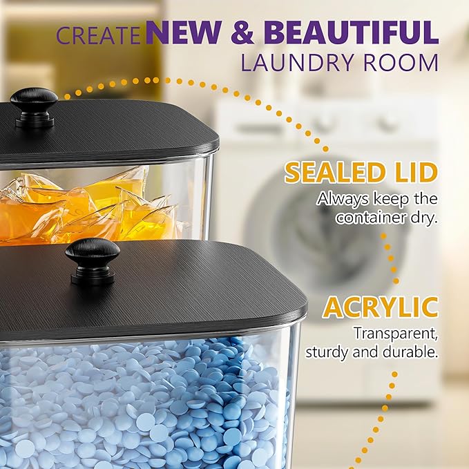 4 Pack Laundry Pods Container, Clear Laundry Room Organization Containers Essentials, Large Detergent Powder Storage Containers Black Wooden Lids & Labels Signs, Home Acrylic Laundry Pods Holder
