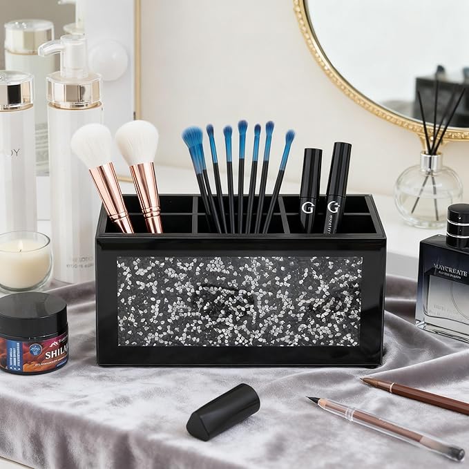 SHYFOY Black Makeup Brush Holder Organizer, 6 Slots Glass Makeup Cosmetics Organizers and Storage for Vanity Countertop