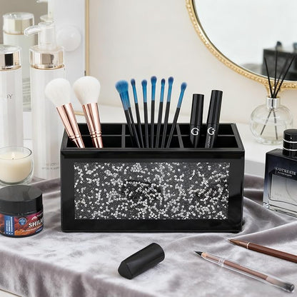 SHYFOY Black Makeup Brush Holder Organizer, 6 Slots Glass Makeup Cosmetics Organizers and Storage for Vanity Countertop