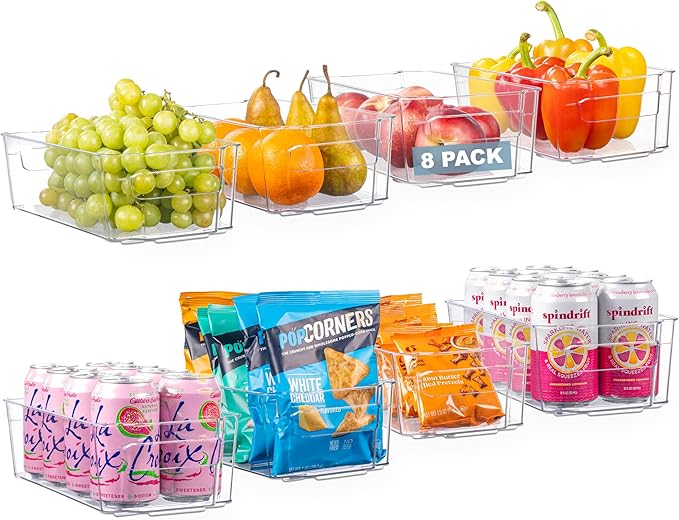 Oizeir 8 Pack Clear Plastic Storage Bins with Handles – Stackable Fridge Organizer Bins for Refrigerator, Freezer, Pantry, Kitchen Cabinet & Cupboard Organization, BPA-Free Acrylic, Transparent