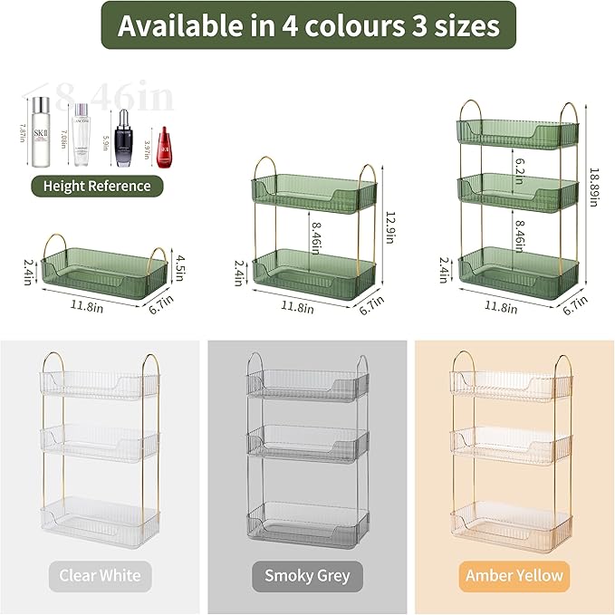 Akinbas 3 Tier Bathroom Organizer Countertop Makeup Perfume Tray Skincare Organizer for Bathroom Dresser Vanity (Green)